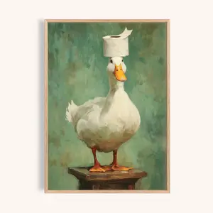Duck Wall Art Print: Playful Bathroom Decor (Wooden Stool, Orange Beak) I