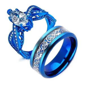New Couple Rings Fashionable Blue and Gold Pair Stainless Steel Inlaid Rhinestone Geometric Design Silver Dragon Pattern Simple & Fashion Daily Jewelry