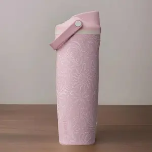 30oz Coastal Bohemian Bottle, Insulated Water Bottle - Laser Engraved Pink Coastal Summer Palm Tree