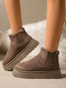 Women's Vintage Patchwork PU Leather Snow Boots, Warm Thick Sole Winter Shoes, Above Ankle Below Knee High, Casual Fashion Footwear