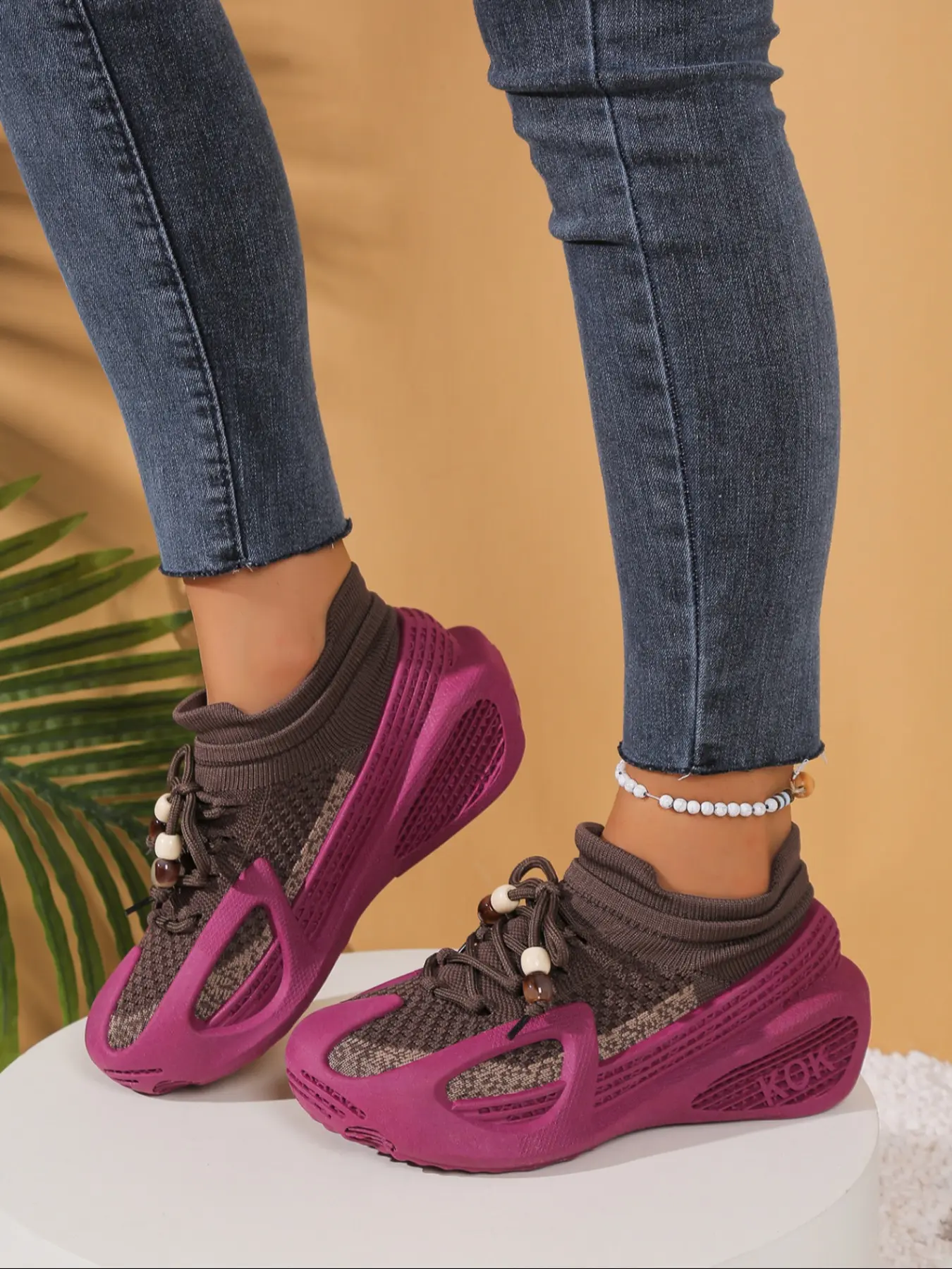 Women's Lightweight Casual Sneakers with Beaded Design, Knitted Sock Lining, All-Season Shoes, Perfect for Sports & Walking