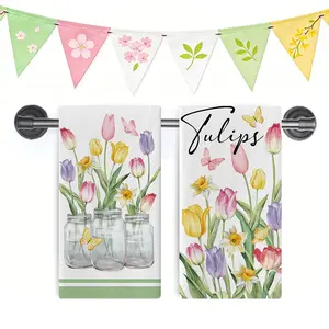 2pcs 23.6x15.7 In Spring Tulip & Daffodil Dish Towels Suitable Bathroom Hand Towel With Mason Jar Floral Watercolor Butterfly Pattern Single-Sided Cloth Machine Washable