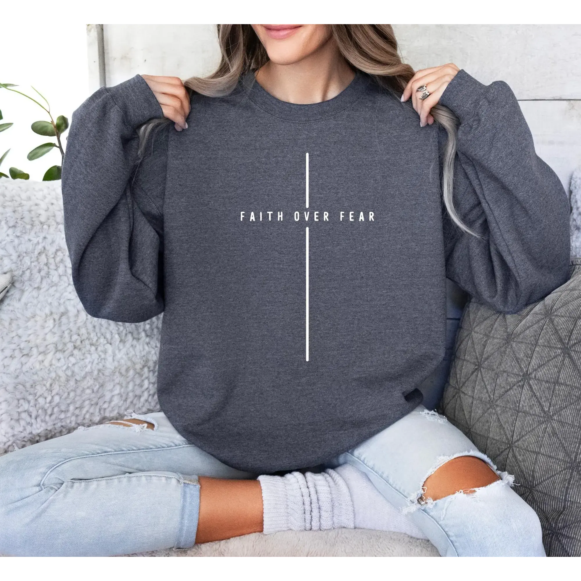 Christian Sweatshirt Faith Over Fear, Simple Minimalist Crewneck, Religious Gift Idea, Unisex Faith Pullover for Believers