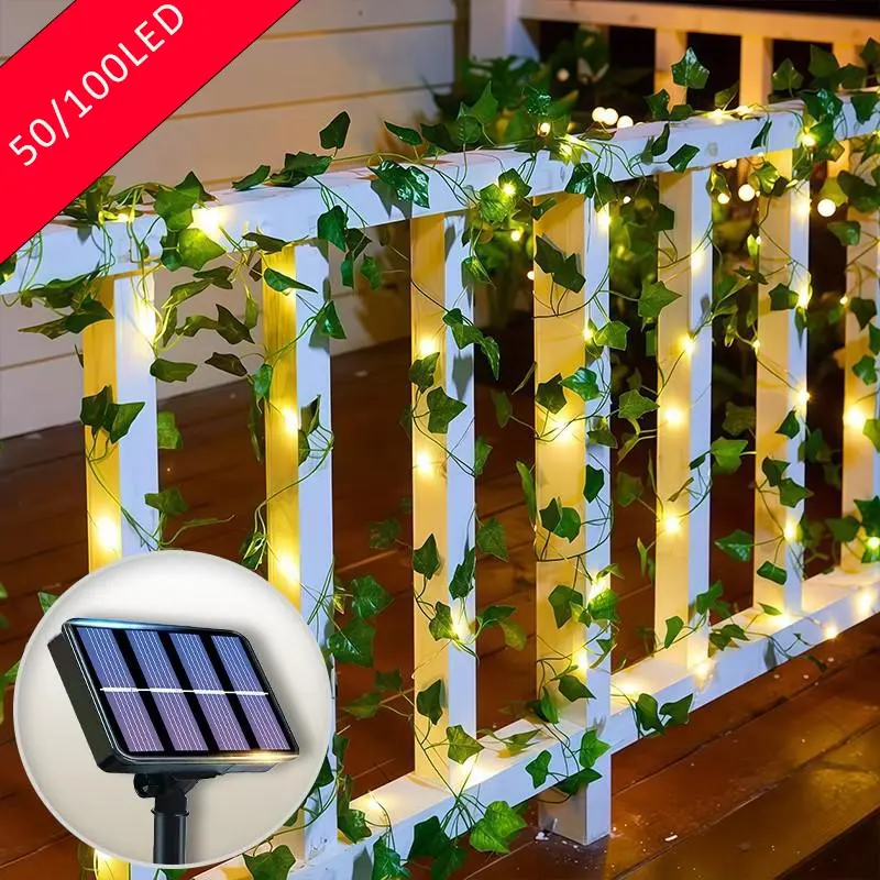 50/100LED Green Fairy Lights with Solar-Powered Artificial Ivy Leaves Featuring 8 Modes for Garden Wedding Christmas Decoration
