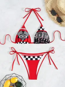 Racing Car Print Bikini – Speed Style Triangle String Bikini, Motorsport Inspired Swimsuit, Sexy Summer Beachwear, Gift for Her