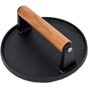 Kitchen Tools 5.7 inch Heavy Duty Cast Iron Grill Press Burger Press Bacon Press Barbecue Press Meat Press Burger Smasher Griddle Press Round Flat Press with Anti Scalding Wooden Handle