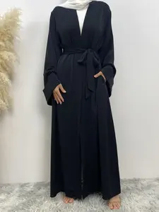 Arabic Clothing-solid Kimono Sleeve Belted Pocket Wrap Abaya, Modest Chic V Neck Long Sleeve Abayas, Women's Islamic Clothing for Spring & Fall, Modesty Abaya