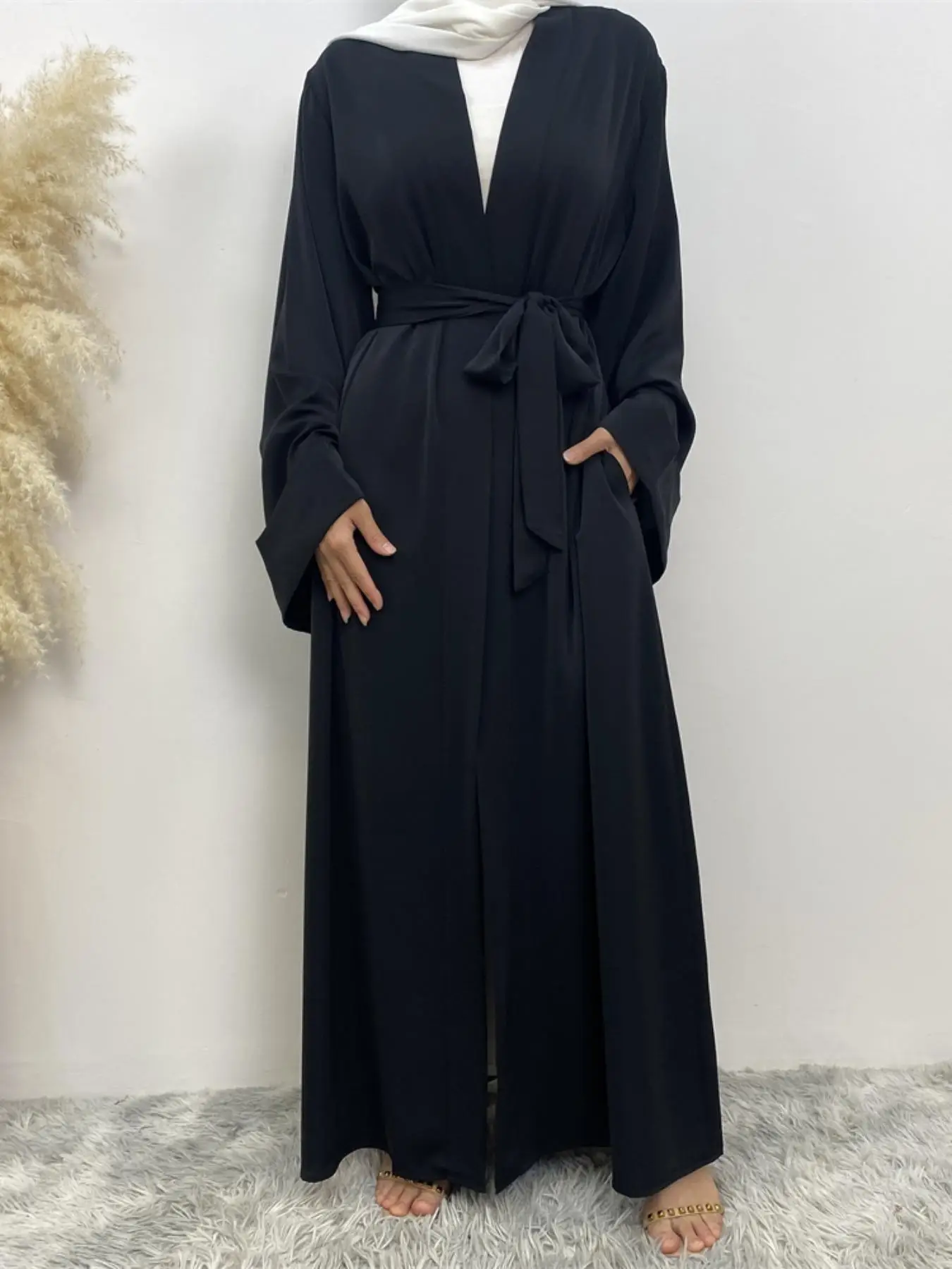Arabic Clothing-solid Kimono Sleeve Belted Pocket Wrap Abaya, Modern Chic V Neck Long Sleeve Abayas, Women's Islamic Clothing for Muslim Spring & Fall