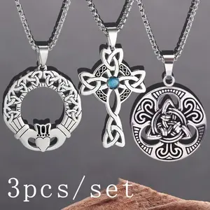 3pcs/set Exquisite Stainless Steel Celtic Knot Cross Power Stone Pendant Necklace for Women Mens Irish Witch Knot Lucky Jewelry Gift