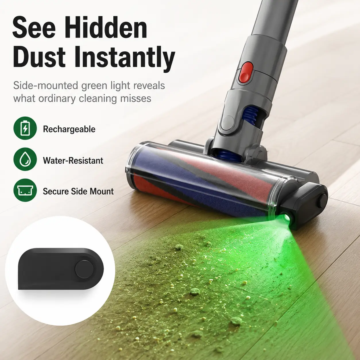 Dust Detection Light Attachment for Lightweight Stick Vacuum Cleaners - Home Cleaning Accessory for Highlighting Invisible Dust, Pet Hair, Dirt on Hardwood Floors, Compatible with Dyson & Most Models (Ideal for Allergy Sufferers), Yes