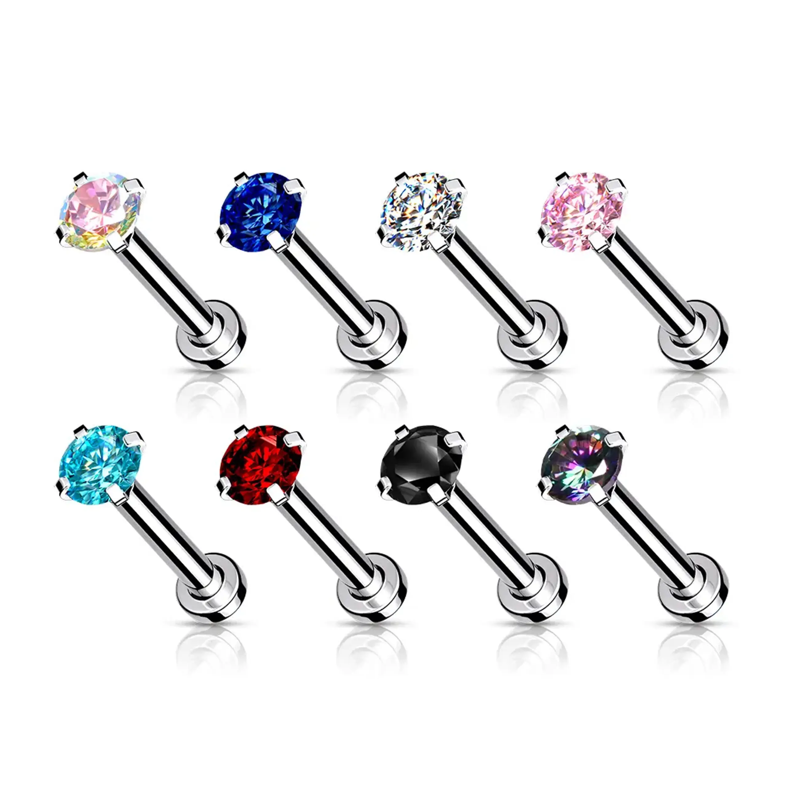 18G Flat Back Labret Studs Surgical Steel Prong Set Top CZ Nose Stud Labret Jewelry 5/16"