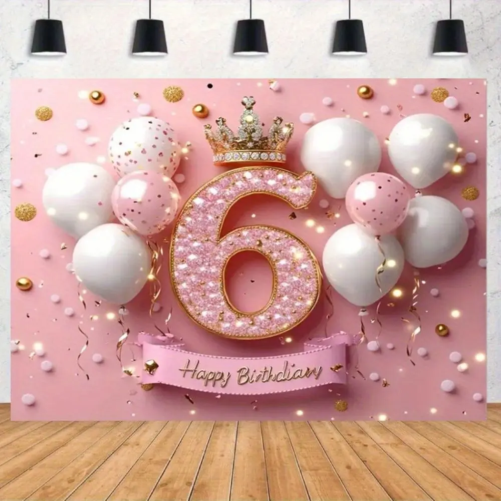 Pink Princess Happy Birthday 6th Kids' Party 1-Piece Polyester Shimmer Wall Backdrop Banner - Elegant Festive Backdrops & Banners with Crown, Balloon, Sparkle Star Ornaments for Photo Booths (Home Supplies, Festive & Party Supplies)