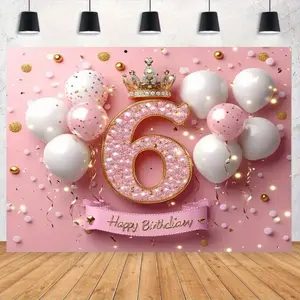 1pc 2D Flat Pink Princess Sixth Birthday Party Backdrop Banner - "/"/" Polyester Decoration with Crown, Balloons & Sparkling Stars for Photo Booths, Celebrations & Party Decorations, Princess Party Decorations