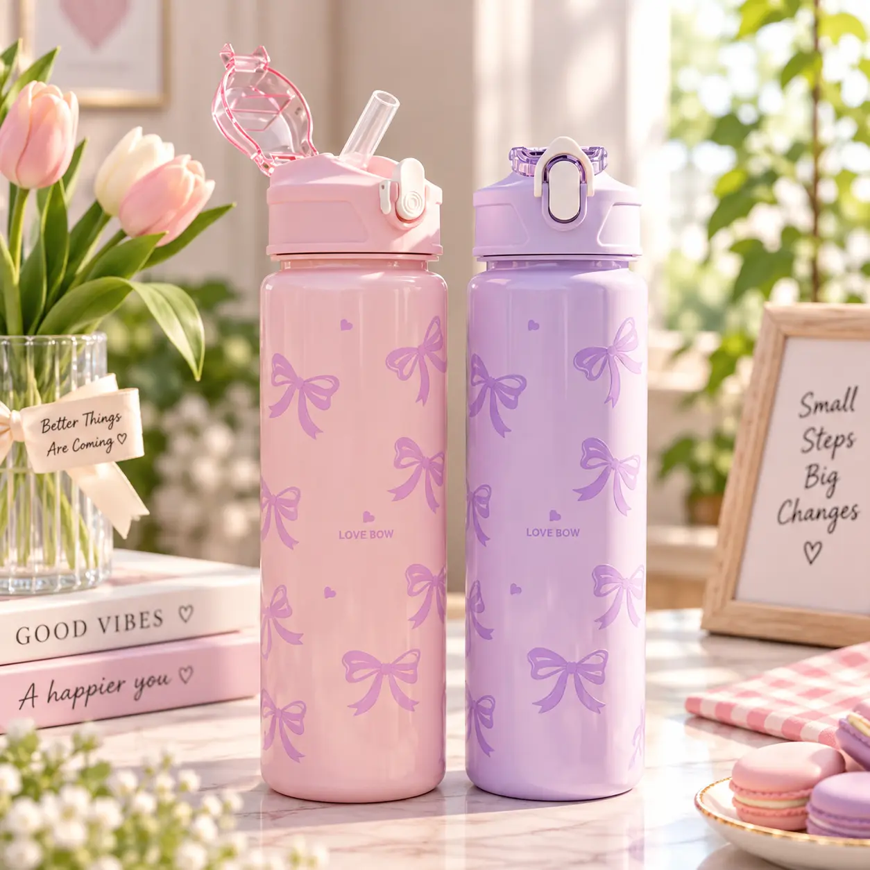 800ml Bowknot Tritan Water Bottle, Leak-Proof with Pop-Up Lid (Pink & Purple) Bottled Cup Tumbler Drinkware Mug Portable