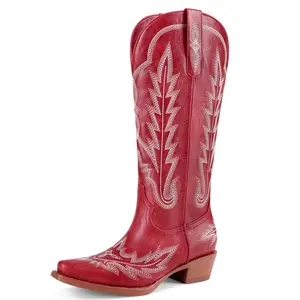 CONCHITATY Cowboy Boots For Women Knee High Cowgirl Boots Wide Calf Retro Chunky Heel Pointed Toe Pull On Western Tall Boots for Ladies Rodeos Party Concert Festival