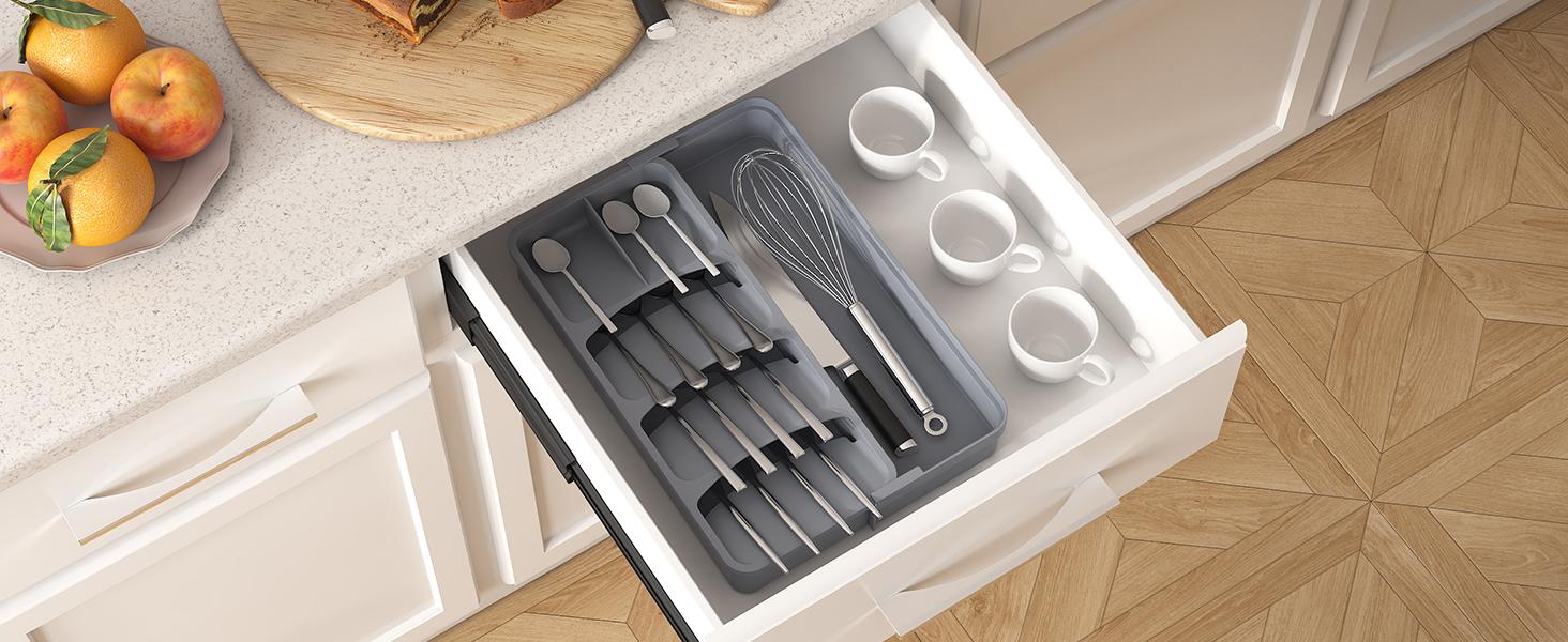 Lifewit Silverware Organizer, Expandable Utensil Tray for Kitchen Drawer, Adjustable Flatware & Cutlery Holder, Compact Plastic Design
