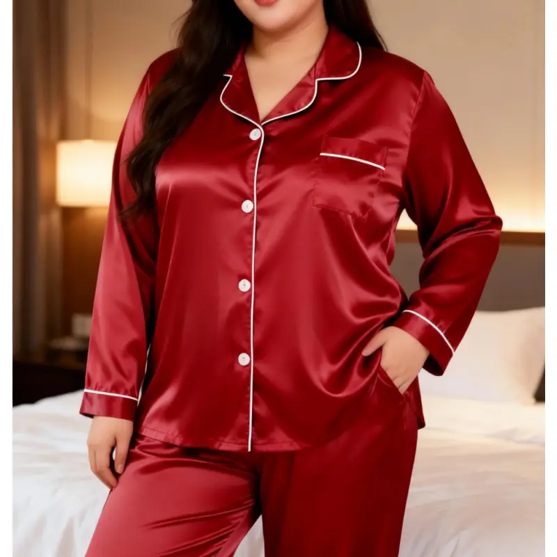 Two-Piece Set Women's Solid Contrast Binding Satin Pyjamas, Pajamas, Long Sleeve Lapel Button Front Shirt & Elastic Waist Pants PJ Set, Casual Comfortable Sleepwear Set for Women