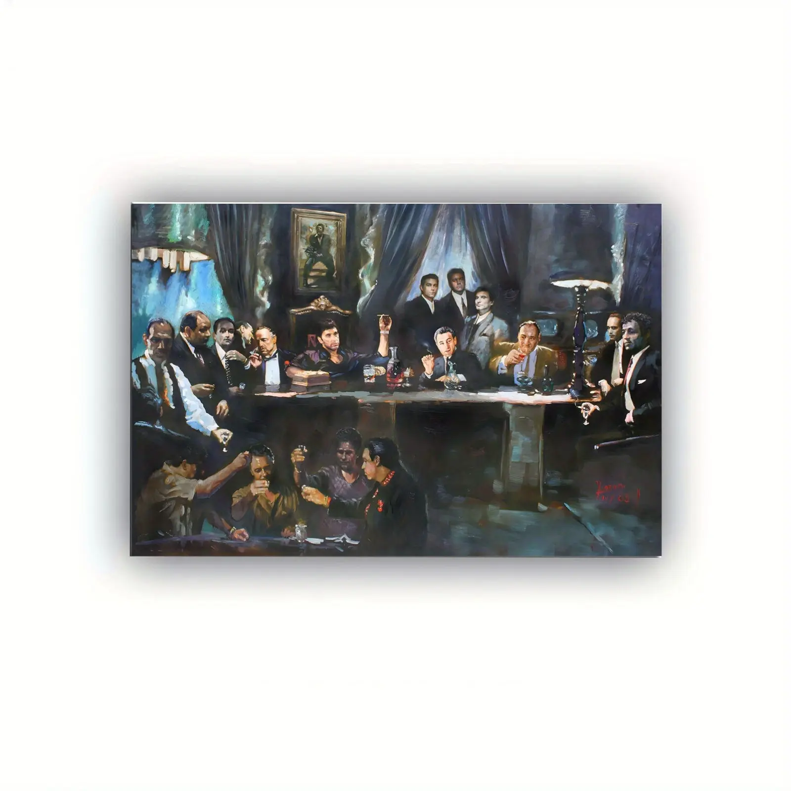 Gangster Movie Legends Last Supper Canvas Wall Art - Mafia Icons Painting Print, Artistic Vintage Gangster Themed Decoration for Man Cave Room, Unframed or Framed Options wall decor wall art posters