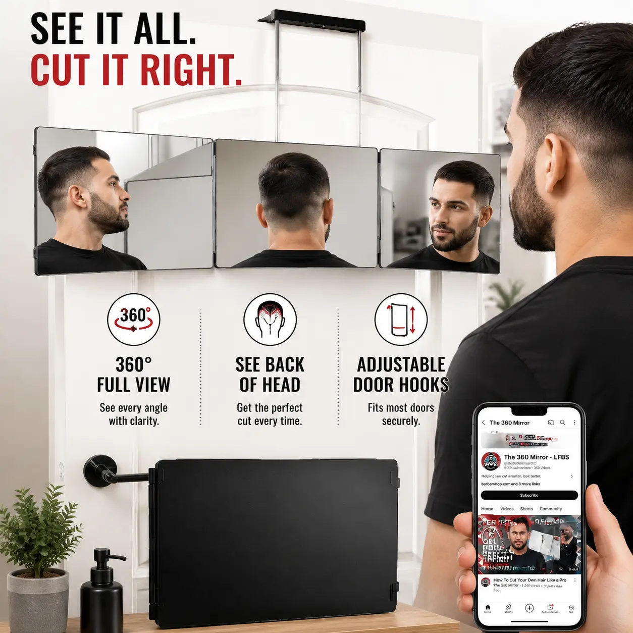 3-Way View 360-Degree Adjustable Trifold Bathroom Mirror - Foldable Grooming Tool for Men, Women - Enables Seeing Back of Head for Accurate Haircuts