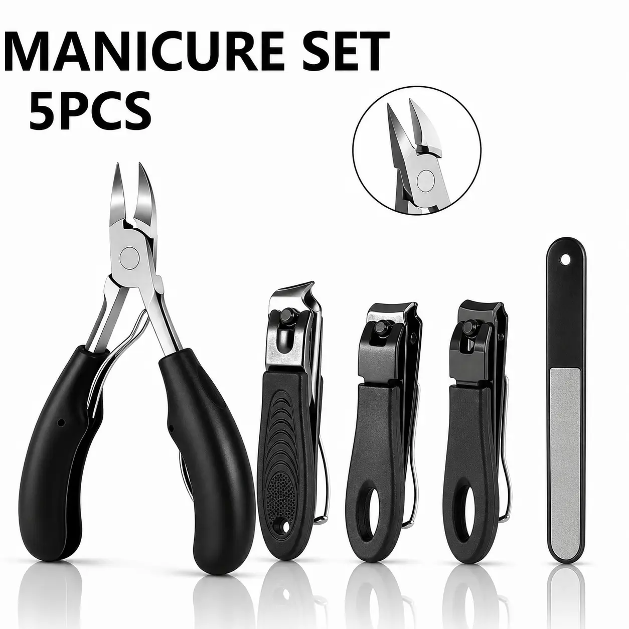 5PCS Compact Nail Clipper Set - Black Manicure & Pedicure Tool Kit with Large Grip Toenail Nipper, 3 Precision Clippers, Smoothing Nail File