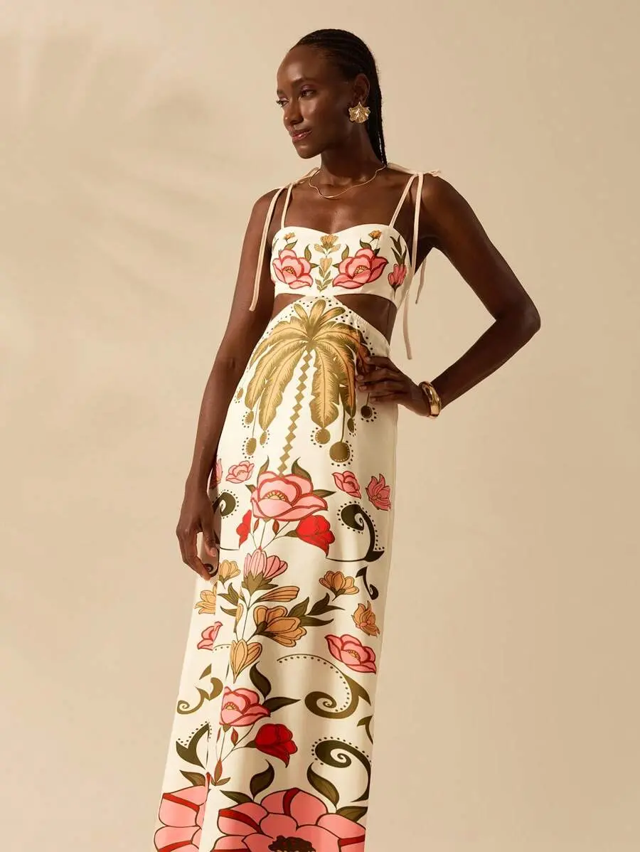ELORIA Women Bohemian Tropical Colorful Coconut Trees & Floral Print Sleeveless Tie Front Cropped Long Dress, Casual Vacation Sundress