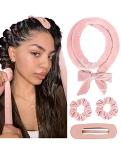 Yanibest Heatless Hair Curler Set – No Heat Overnight Hair Curlers for Sleeping, Soft Ribbon Hair Curler for Long Hair, Heatless Curling Rod Headband with Scrunchies & Clip, Pink