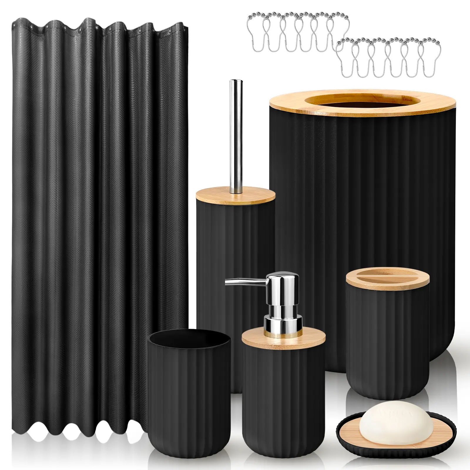 Bathroom Set,8 Piece Black/White Bathroom Accessories Sets Complete With Shower Curtain,Trash Can,Soap Dispenser,Toothbrush Cup and More,Home Goods,Bathroom Supplies,Multi-purpose Organize Bathroom Decor Set,Ideal Housewarming Gift