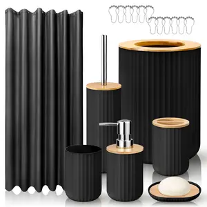 Bathroom Sets Full Set,8 Pieces Bathroom Accessories Set Including Shower Curtain,Trash Can,Toilet Brush Holder,Toothbrush Cup and More,Home Goods,Bathroom Supplies, Bathroom Shower Accessories,Bathroom Organizer,Housewarming Gift Set(Black/White)