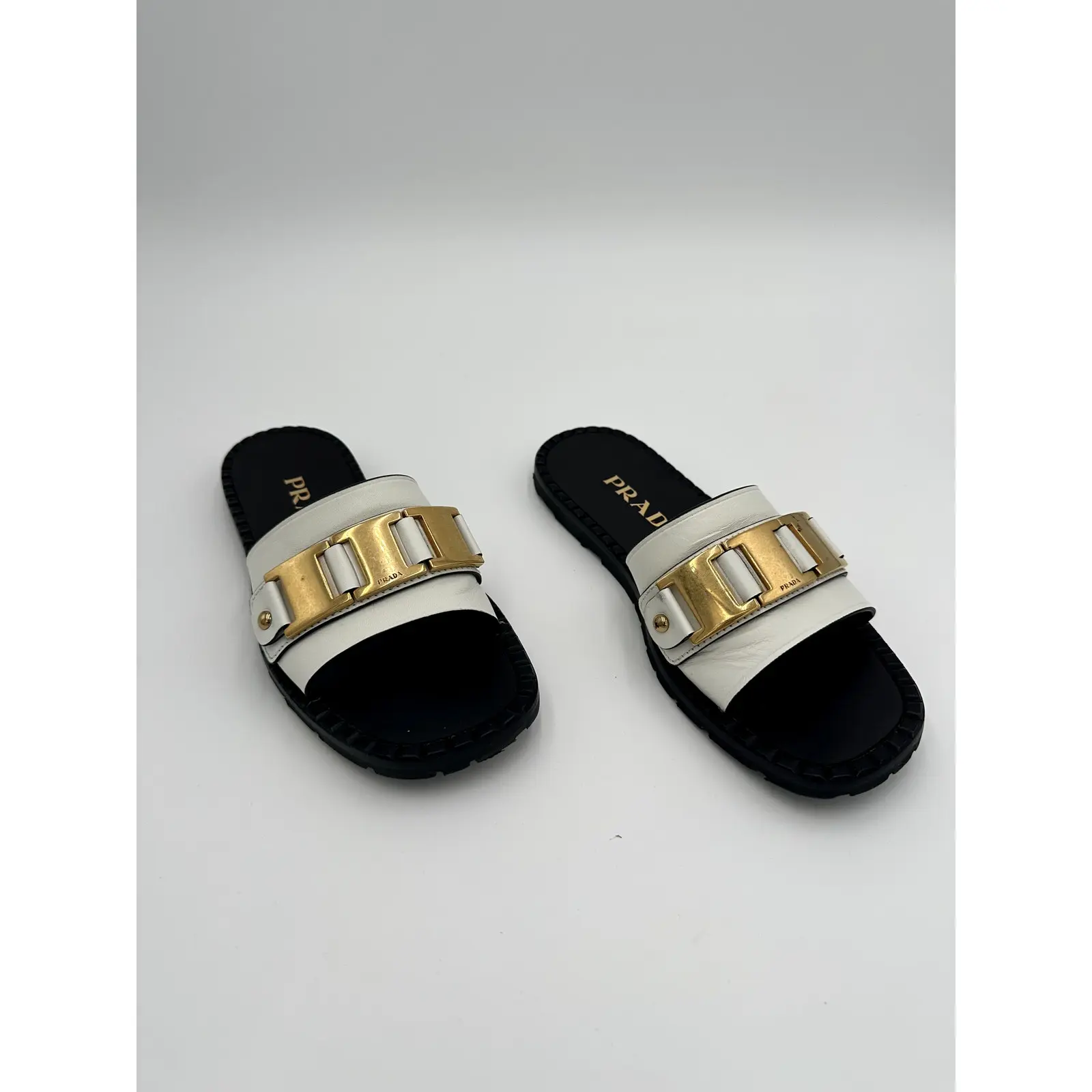 Prada Leather Chain-Link Accents Slides #15 Size 37/7, Footwear