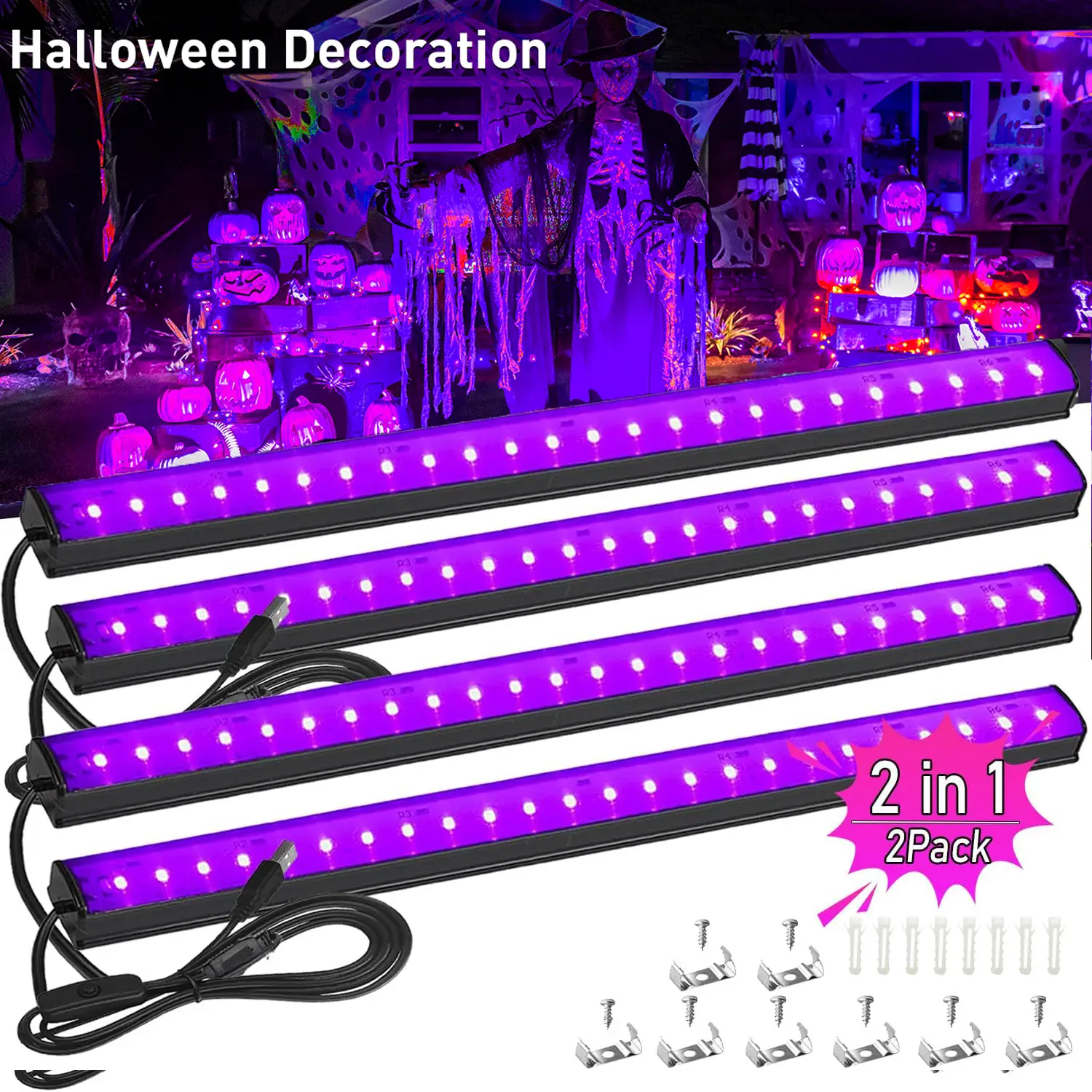 15W USB Portable LED Blacklight Strip Light for Glow Party, Magnetic Black Light Strip Tube, Black Light for Halloween Fluorescent Tapestry Poster Bod