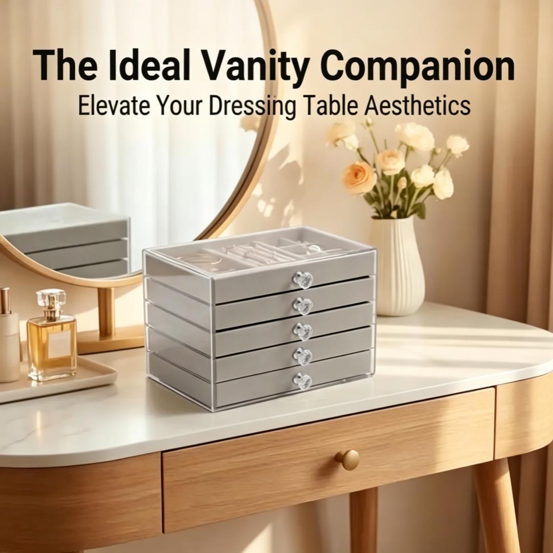 5-Tier Acrylic Jewelry Box with Velvet Drawers & Removable Trays,Clear Jewelry Storage Organizer with Adjustable Partitions,Anti-Scratch Protection for Rings Earrings Necklaces,Desktop Display Holder for Home Dressing Area,Practical Gift for Mom Wife