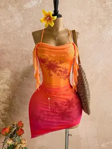 Gradient Halter Dress, Asymmetrical Hem + Ribbon Design, Women's Fashion, Summer Party/beach Wear, Retro Y2K Style