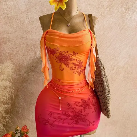 Gradient Halter Dress Print, Sleeveless, Asymmetrical Hem + Ribbon Design, Women's Fashion, Summer Party/beach Wear, Dresses For Party, Cocktail Party Dresses, Retro Y2K Style, Womenswear