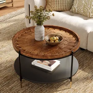 Tribewood Solid Wood Round Boho Coffee Table, 31.5-Inch With Metal Storage Frame, Carved Floral Pattern For Living Room, Rustic Brown