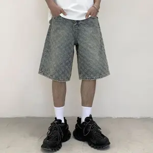 Retro blue short jeans men's ripped five quarter pants men's loose denim underwear