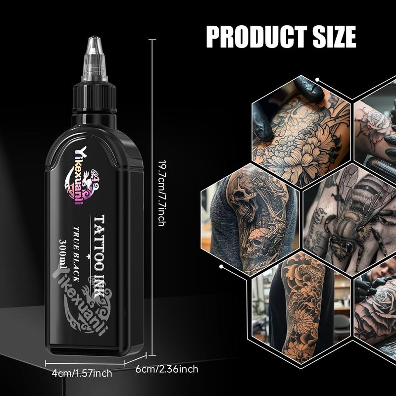 300ml Large-Capacity Black Tattoo Ink Set: Long-Lasting Pigment Formula for Bold Body Art, Also Works for Halloween Cosmetics/Face Paint – Includes Matte & Black Glitter Variants