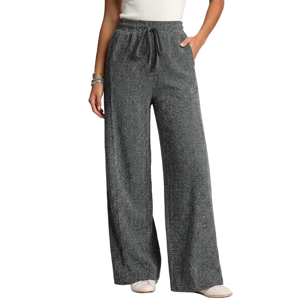 Dokotoo Wide Leg Pants Woman Casual High Waisted Elastic Band Drawstring Jacquard Palazzo Pants with Pockets