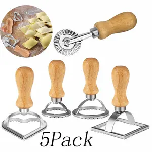 5PCS Ravioli Maker Stamp Cutter Italian Ravioli Pasta Mold with Wooden Handles and Fluted Edge Press Kitchen Attachment