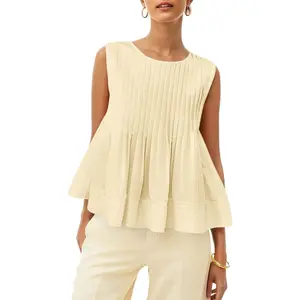 Imily Bela Womens Pleated Babydoll Tank Tops Summer Peplum Sleeveless Cotton Blouses Loose Fit Flowy Shirts
