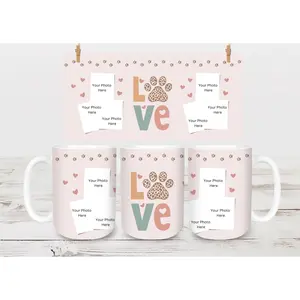 Custom Love with Paw Print 15oz Mug - Add 6 Photos! Ceramic Drinkware