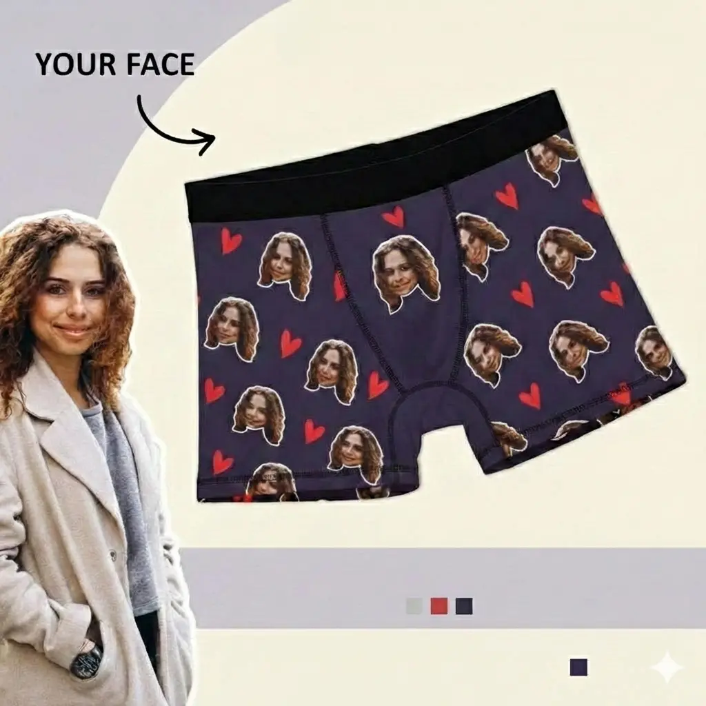 Mens Cotton Boxer Shorts with Custom Face Print – Personalized Photo Gift