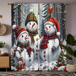 2-Piece set, Christmas snowman print curtains, translucent rod pocket design, privacy protection, suitable for living room bedroom study home decoration, room decoration, Christmas decoration, window curtain