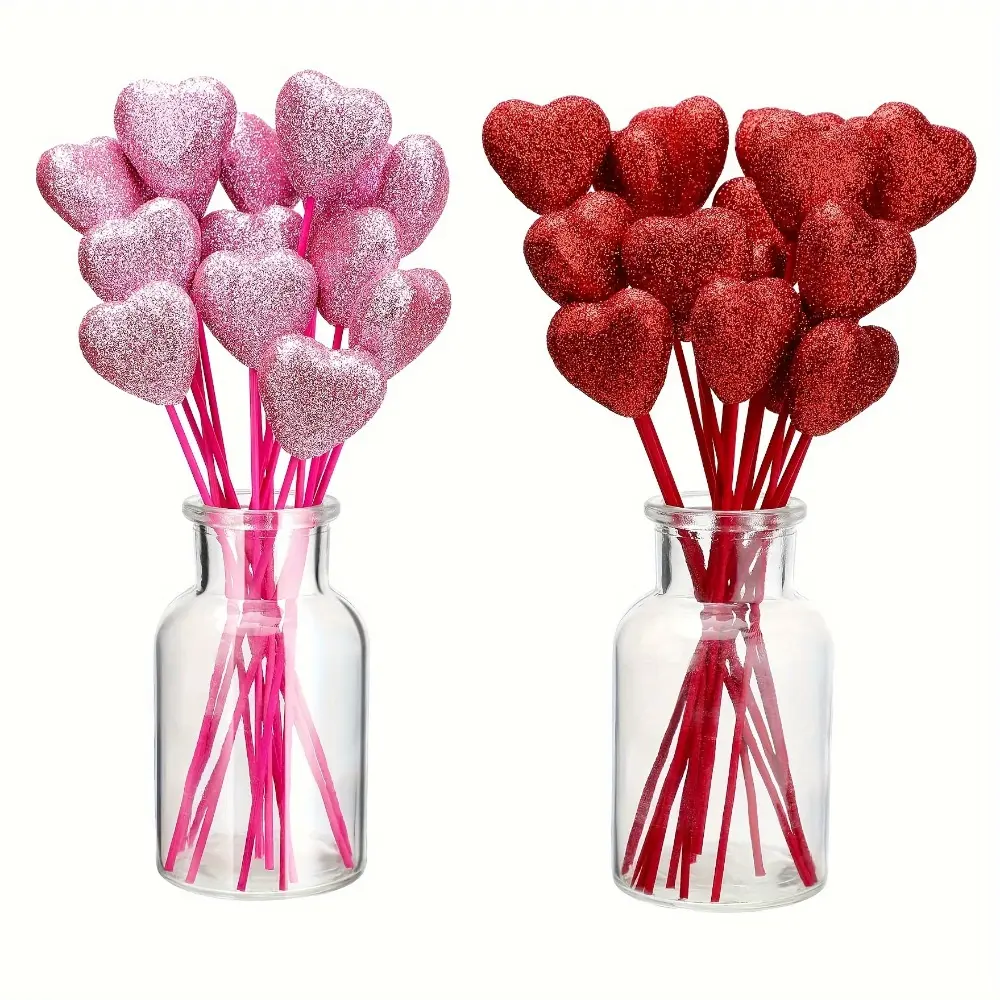 24pcs, Glitter Foam Hearts Picks, Red/PinkSparkly Foam Hearts Stems Wooden Glitter Heart Picks Puffy Heart Topper For Valentine's Wedding Decorations And Flower Arrangements