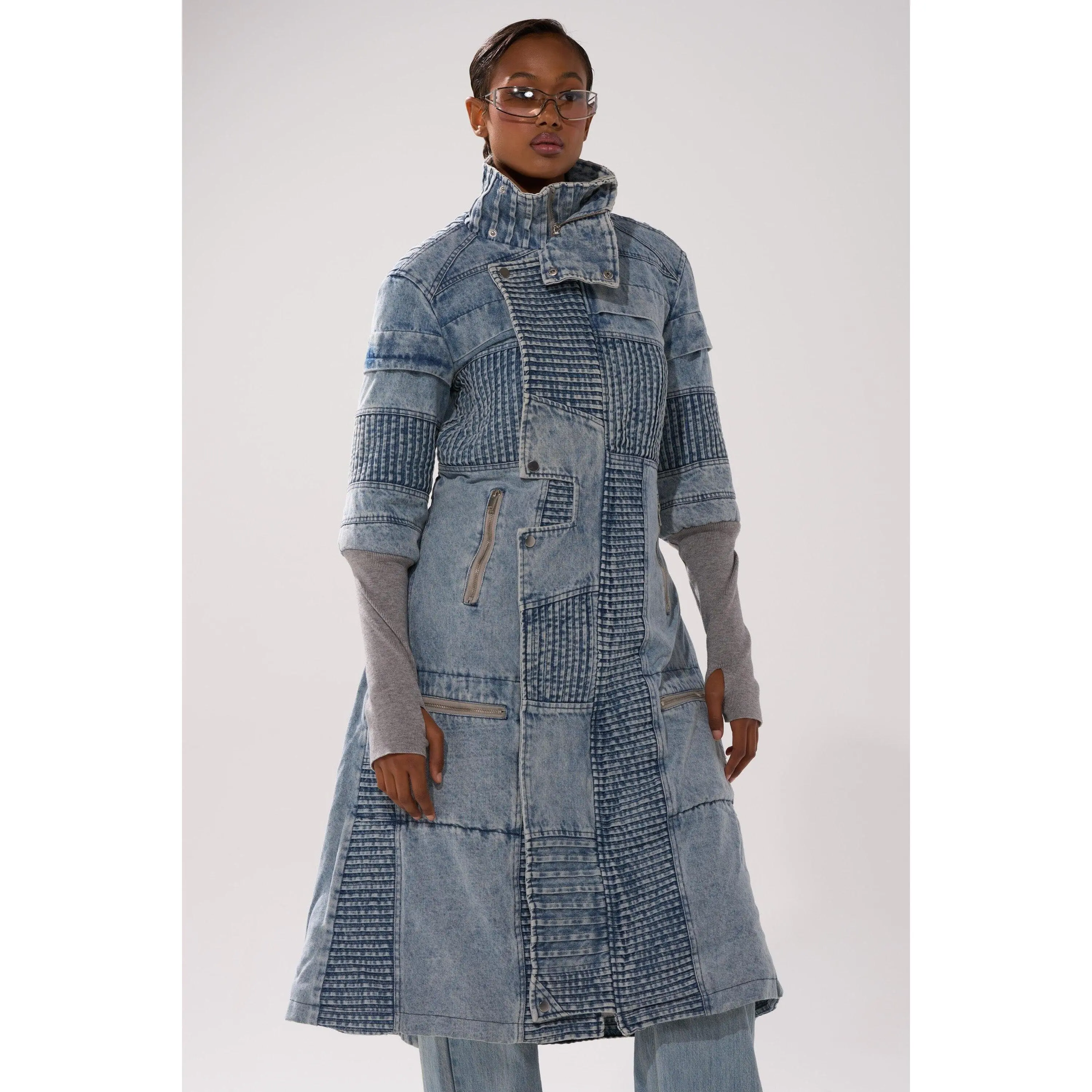 VORTEX DENIM TRENCH COAT IN BLUE VORTEX DENIM TRENCH COAT IN BLUE