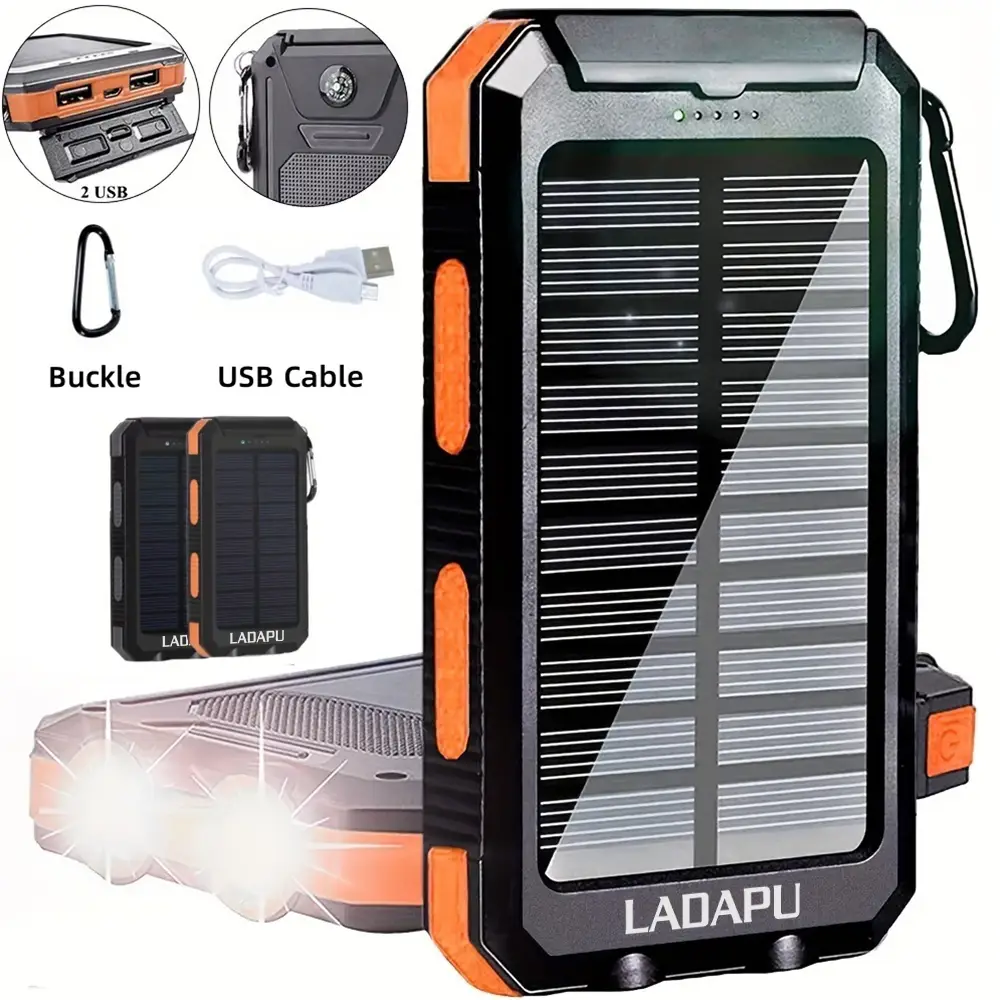 10000mAh 5V2A Fast Charging Multifunctional Solar Panel Power Bank with Ultra-bright LED Light, Large Capacity Rechargeable Portable Mobile Phone Char