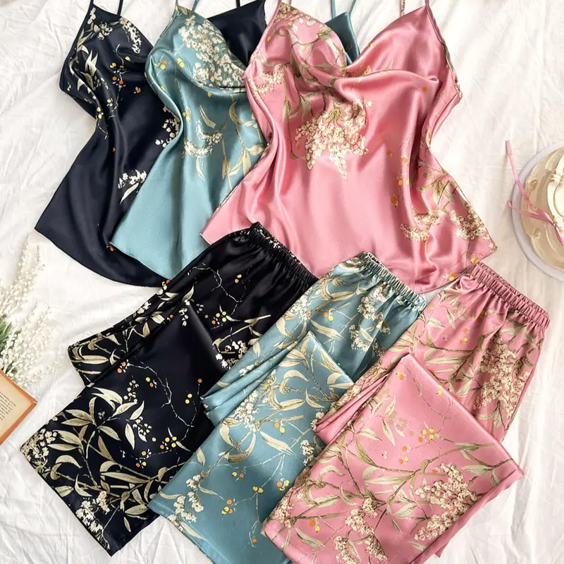 Women's Plant Print Floral Spaghetti Strap Cami Top & Pants Matching Pyjama Set, Soft Faux Satin Comfortable Elegance Coordinated Loungewear Set, Casual Comfy Camisole & Trousers Pj Set, Women's Sleepwear Pajamas for All Seasons, Womenswear