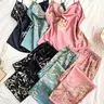Women's Plant Print Floral Spaghetti Strap Cami Top & Pants Matching Pyjama Set, Soft Faux Satin Comfortable Elegance Coordinated Loungewear Set, Casual Comfy Camisole & Trousers Pj Set, Women's Sleepwear Pajamas for All Seasons, Womenswear