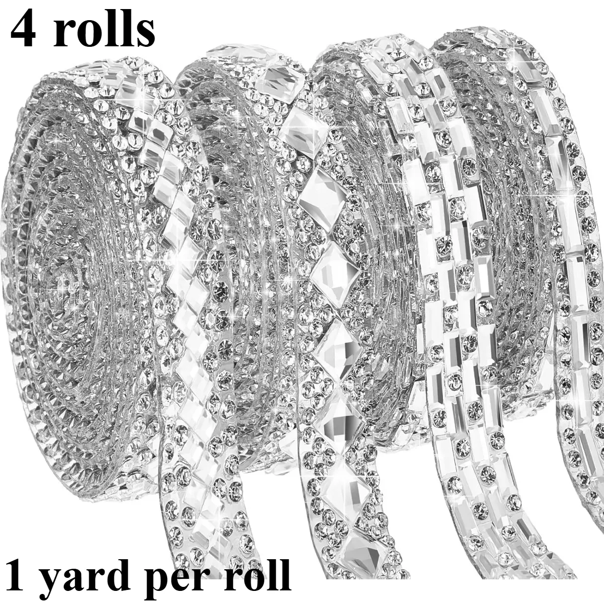 4 Rolls of Self-adhesive Rhinestone strip Tassel Ribbon, 4 Yards (1 Yard Per Roll), Used for Home Clothing Decoration, DIY Bracelet Earrings Handmade Decoration, Wedding Parties, Mobile Phone Decoration, Gift Packaging