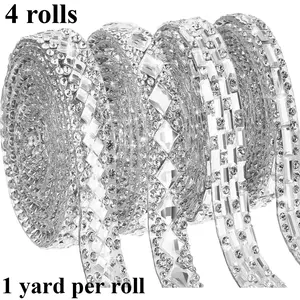 4 Rolls of Self-adhesive Rhinestone strip Tassel Ribbon, 4 Yards (1 Yard Per Roll), Used for Home Clothing Decoration, DIY Bracelet Earrings Handmade Decoration, Wedding Parties, Mobile Phone Decoration, Gift Packaging