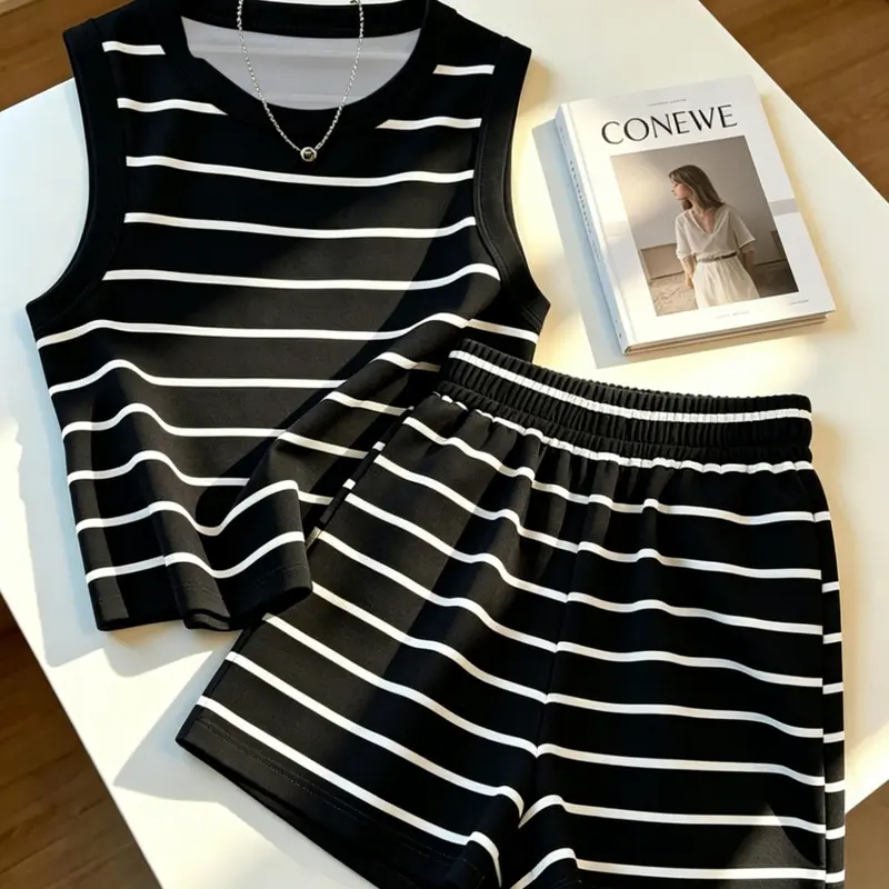 2026 Summer New Korean Style Womenswear Striped Round Neck Sleeveless Tank Top and Matching Shorts Set, Casual Sporty, Breathable, Lightweight Fabric, Versatile Fashion, Clothes